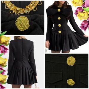 NWT Elegant Black A-Line Tweed Mini Dress W/Big Bow & Ornate Gold Buttons Size S